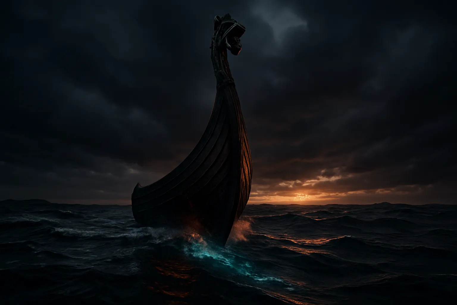 Viking longship prow cutting through arctic waters at dusk