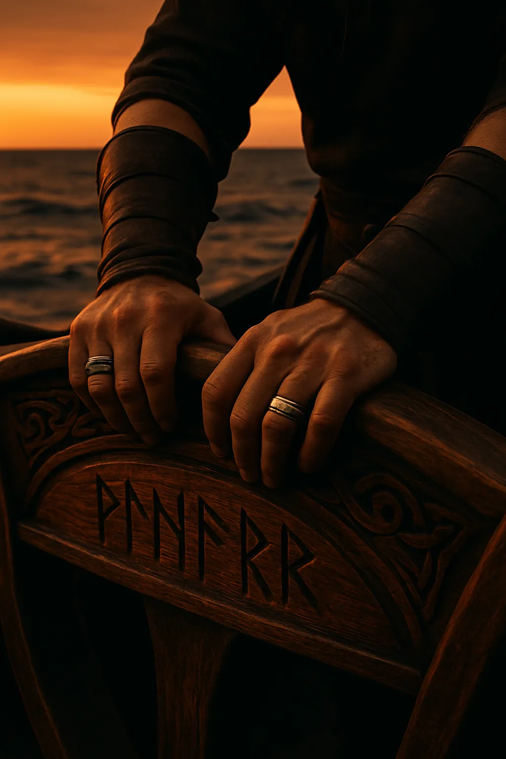 Viking warrior hands on carved longship railing at sunset